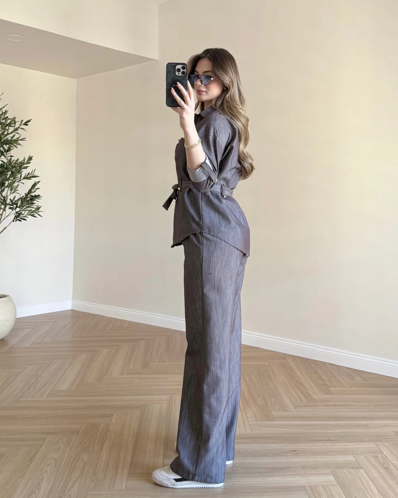 Gold Düğmeli Denim Takım - Kahve