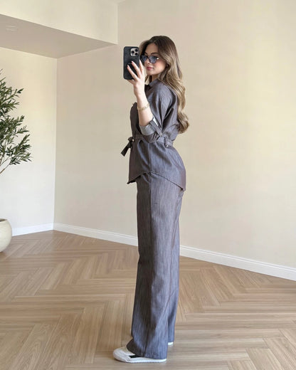 Gold Düğmeli Denim Takım - Kahve
