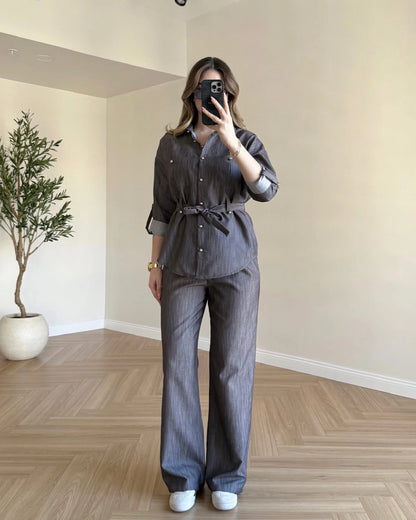 Gold Düğmeli Denim Takım - Kahve