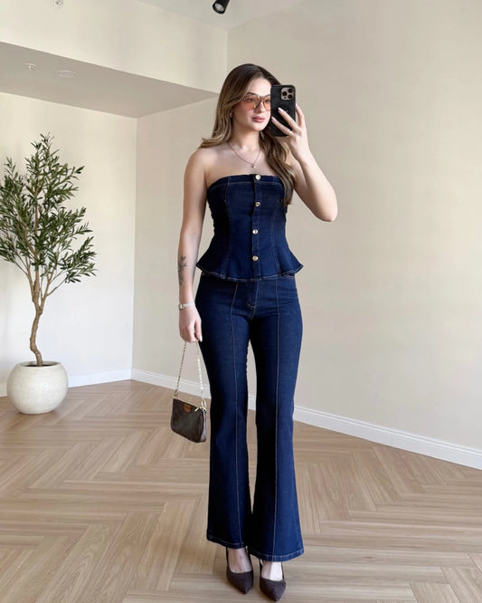Gold Düğmeli İspanyol Paça Denim Takım - Koyu Mavi