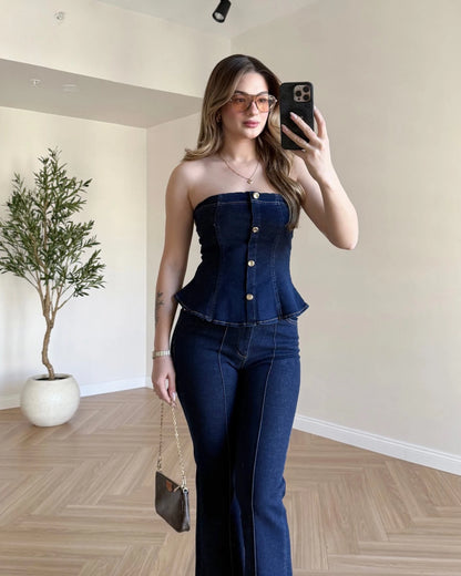 Gold Düğmeli İspanyol Paça Denim Takım - Koyu Mavi