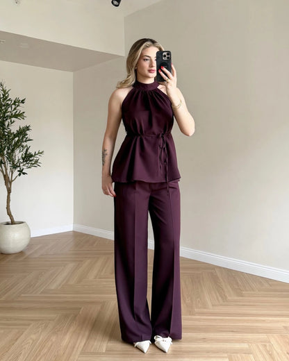 Halter Yaka Bağlamalı İkili Takım - Mürdüm
