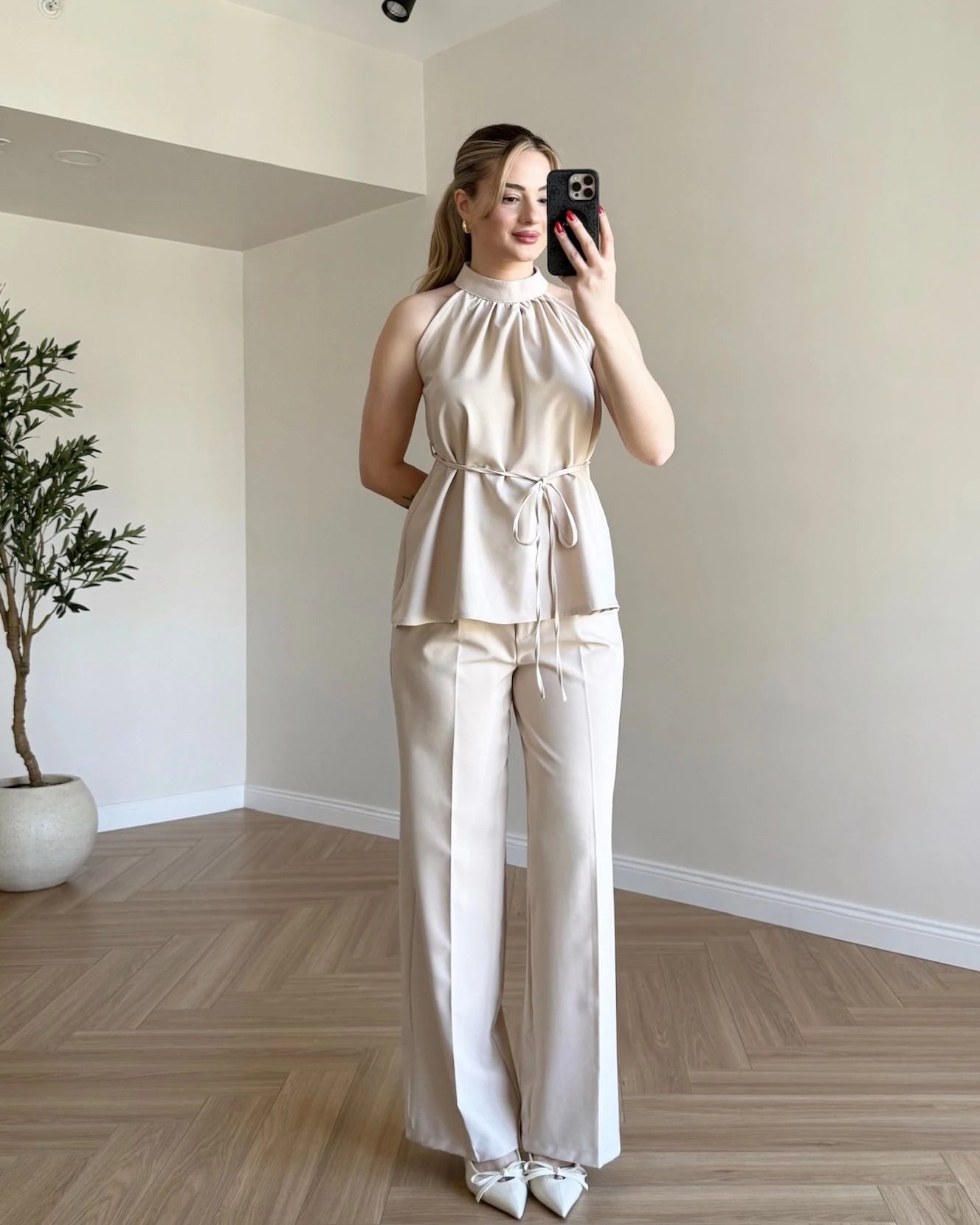 Halter Yaka Bağlamalı İkili Takım - Bej