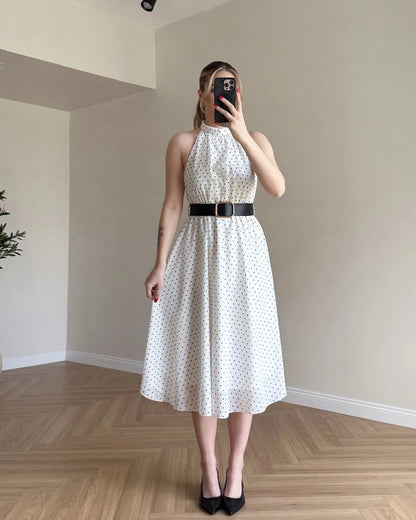 Halter Yaka Puantiyeli Şifon Elbise - Beyaz