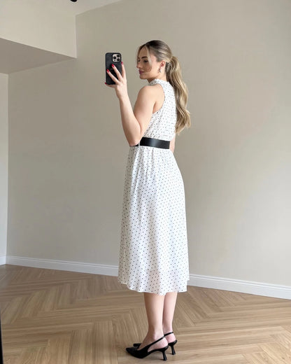 Halter Yaka Puantiyeli Şifon Elbise - Beyaz