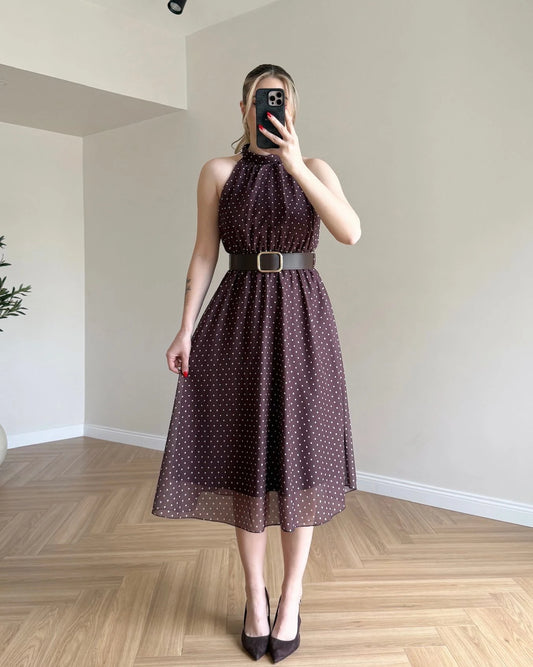 Halter Yaka Puantiyeli Şifon Elbise - Kahve