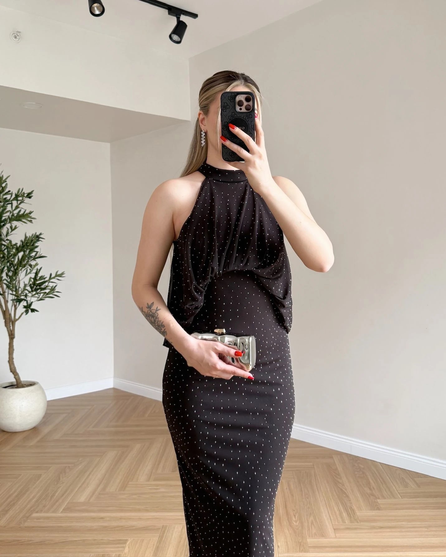 Halter Yaka Taş Süslemeli Elbise - Kahve