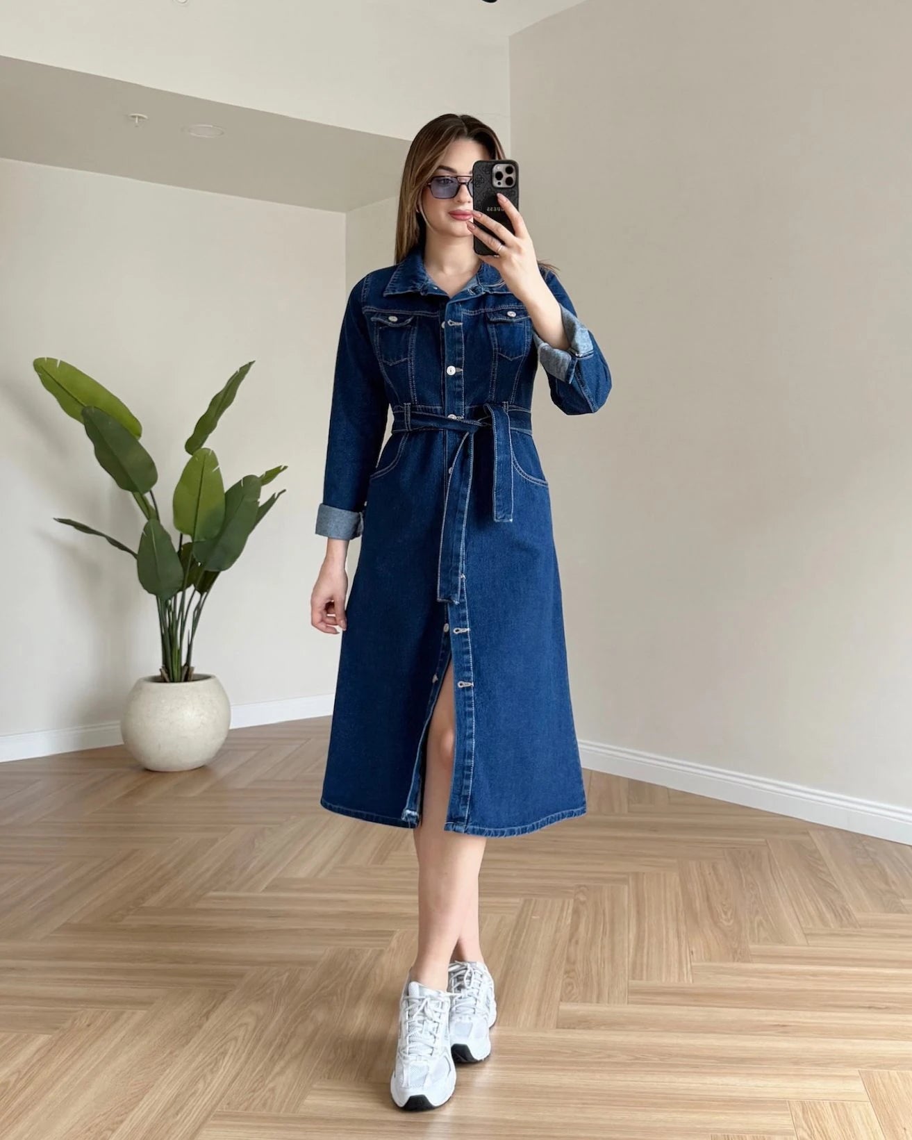 HARVEN Kuşaklı Midi Boy Denim Elbise - Koyu Mavi
