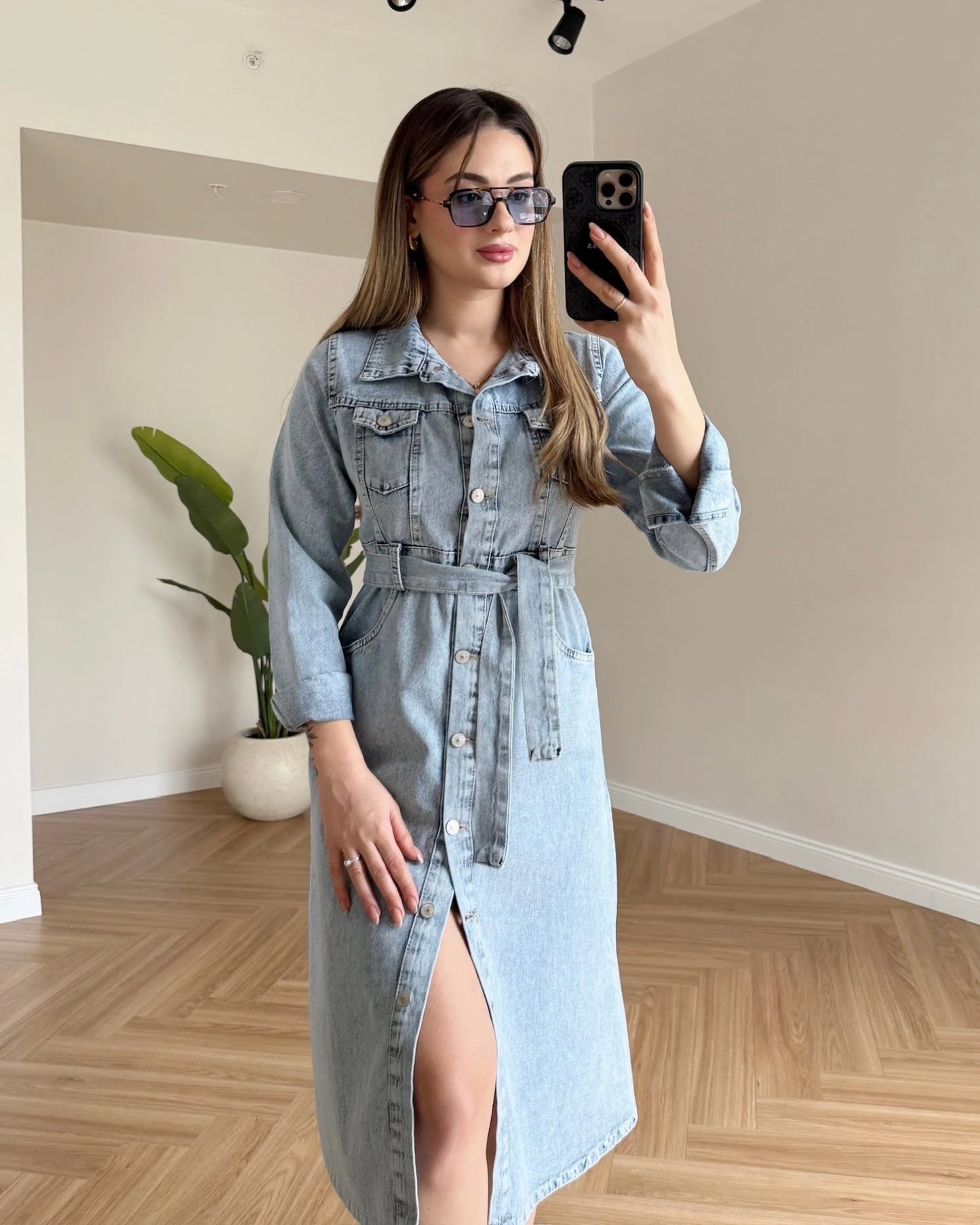 HARVEN Kuşaklı Midi Boy Denim Elbise - Açık Mavi