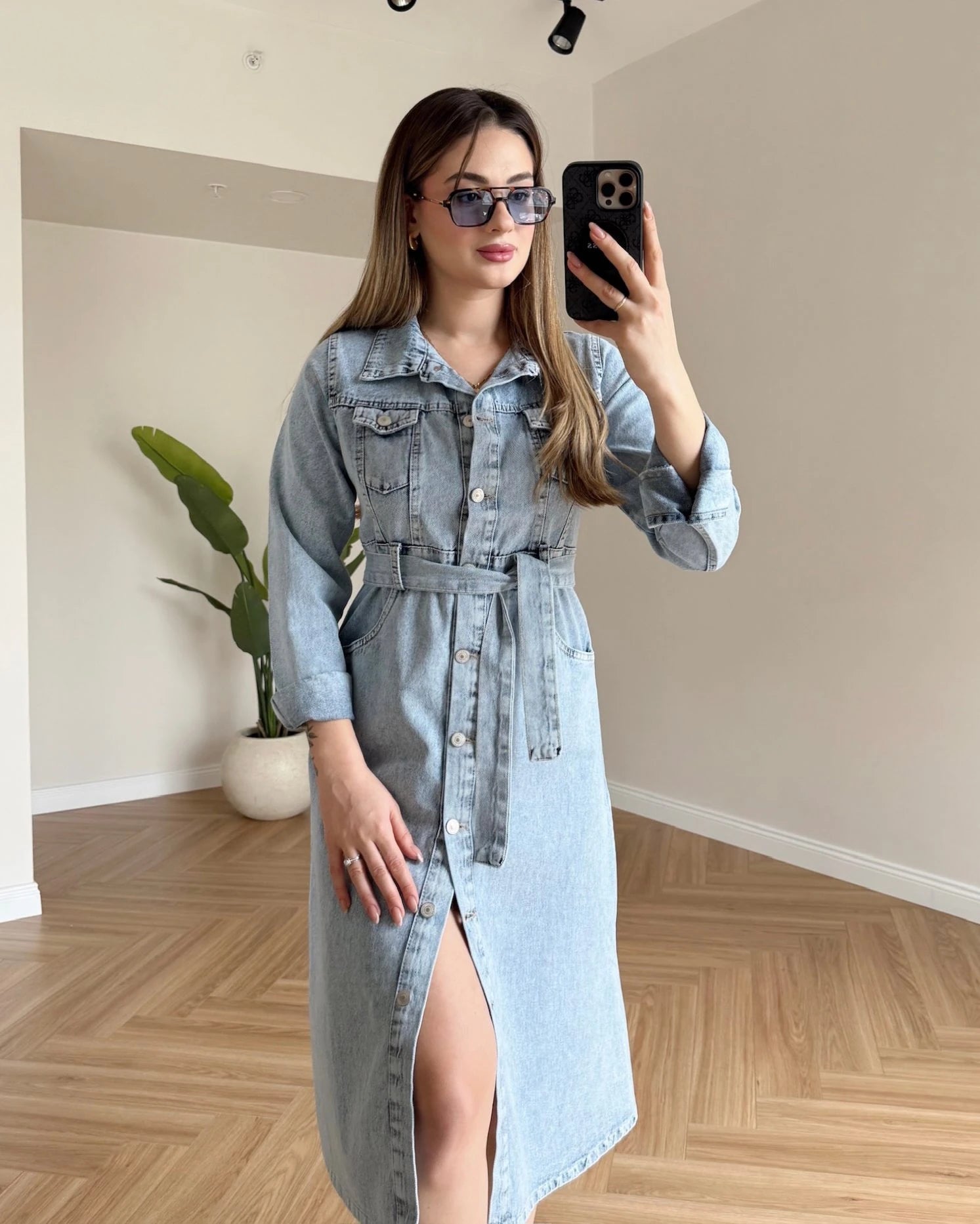 HARVEN Kuşaklı Midi Boy Denim Elbise - Açık Mavi