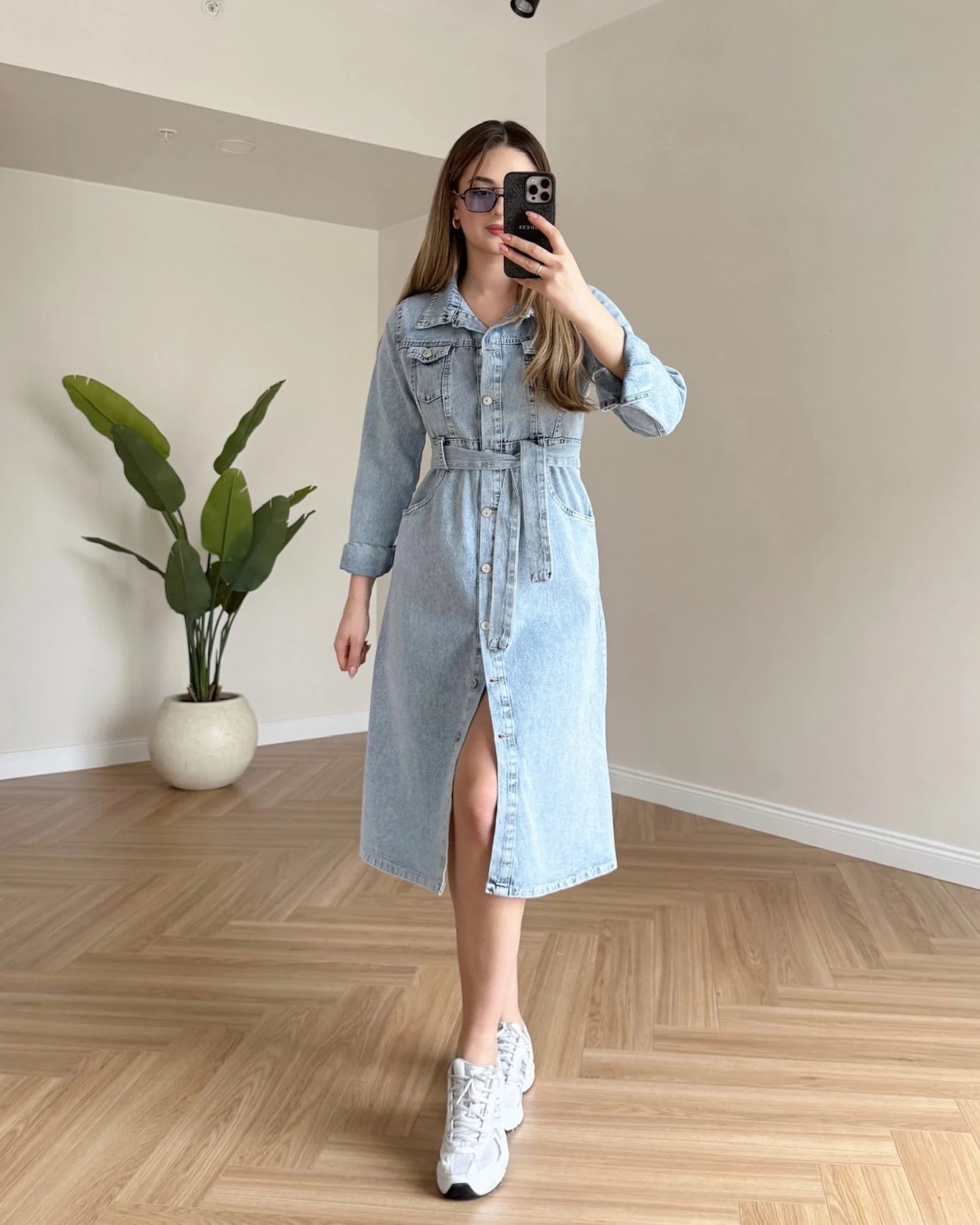 HARVEN Kuşaklı Midi Boy Denim Elbise - Açık Mavi