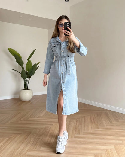 HARVEN Kuşaklı Midi Boy Denim Elbise - Açık Mavi