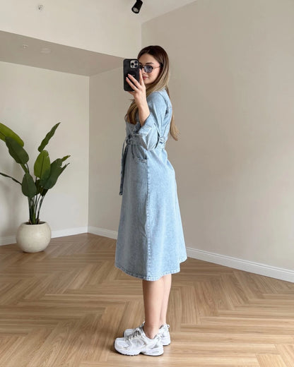 HARVEN Kuşaklı Midi Boy Denim Elbise - Açık Mavi