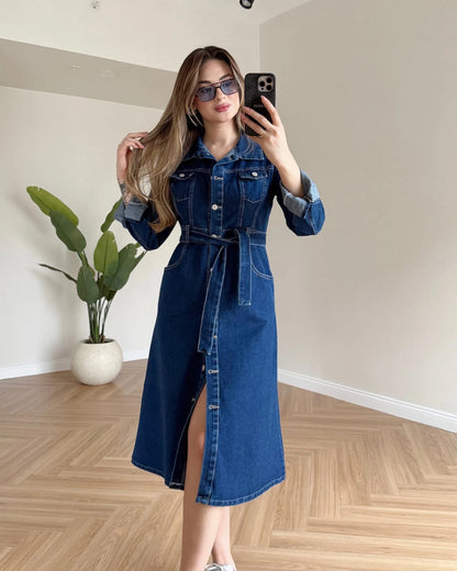HARVEN Kuşaklı Midi Boy Denim Elbise - Koyu Mavi