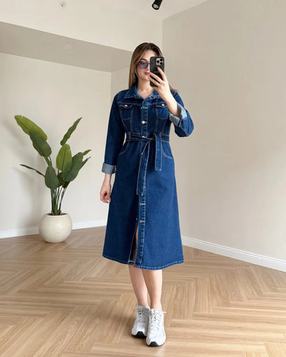 HARVEN Kuşaklı Midi Boy Denim Elbise - Koyu Mavi