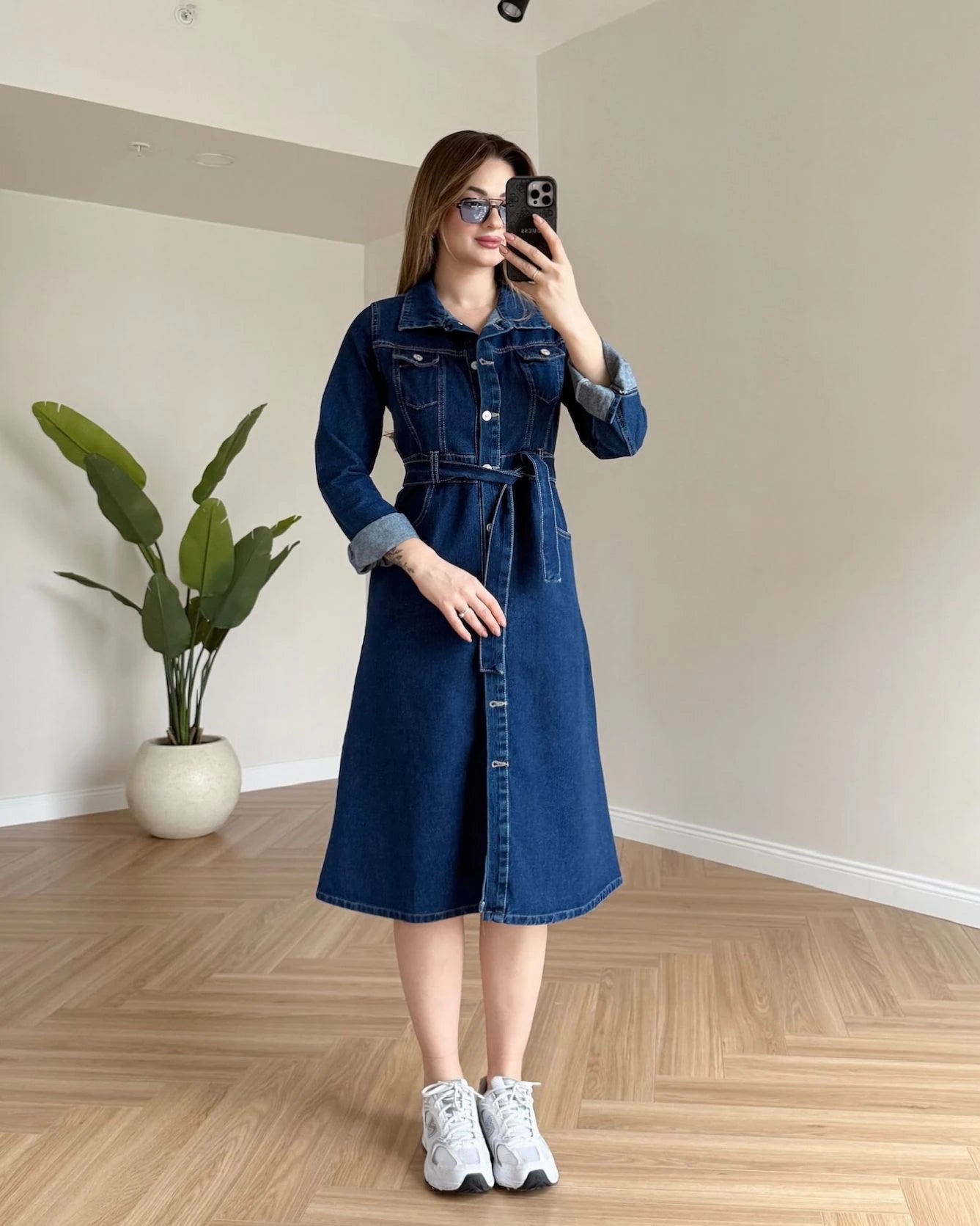 HARVEN Kuşaklı Midi Boy Denim Elbise - Koyu Mavi