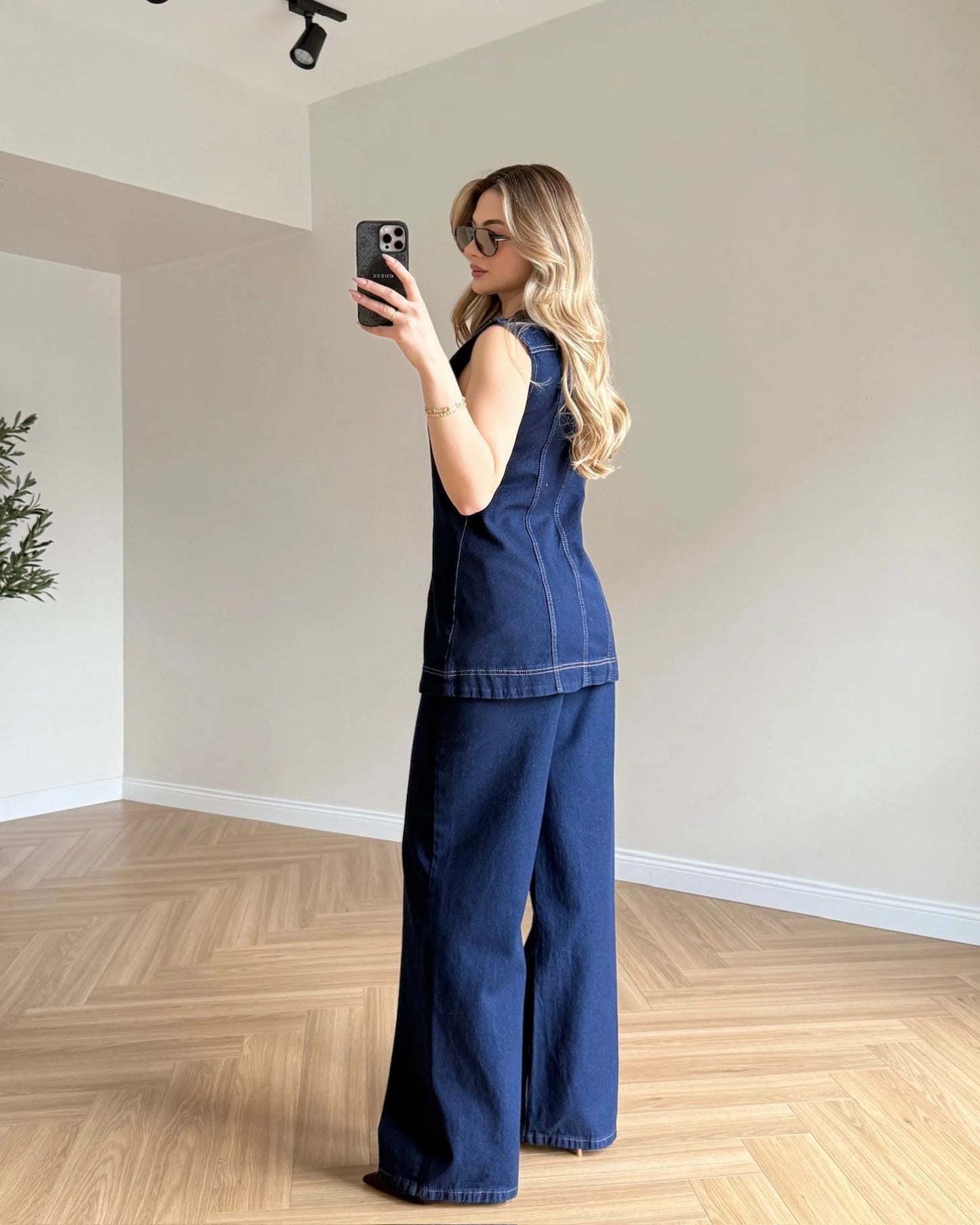 Sıfır Kol Yelekli Denim Takım - Lacivert