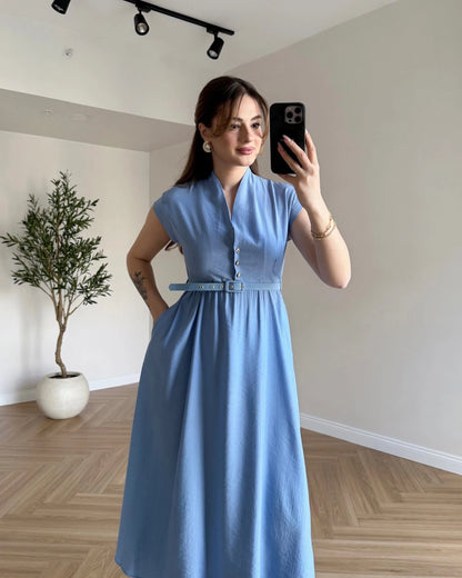 İnce Kemerli Midi Elbise - Bebe Mavi
