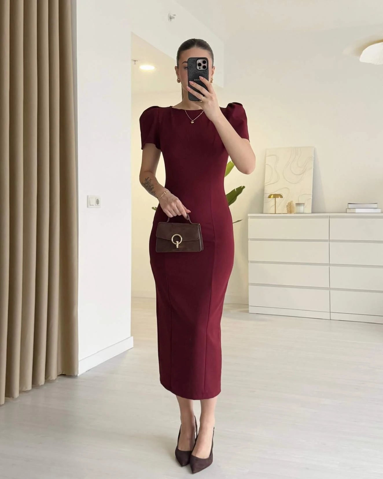 ISABEL - Omuz Detaylı Midi Boy Elbise - Bordo
