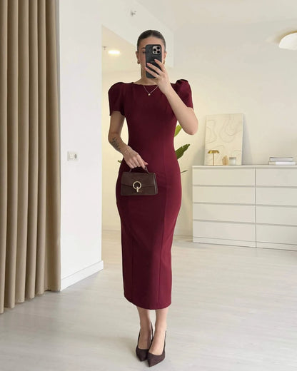 ISABEL - Omuz Detaylı Midi Boy Elbise - Bordo