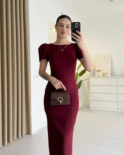 ISABEL - Omuz Detaylı Midi Boy Elbise - Bordo