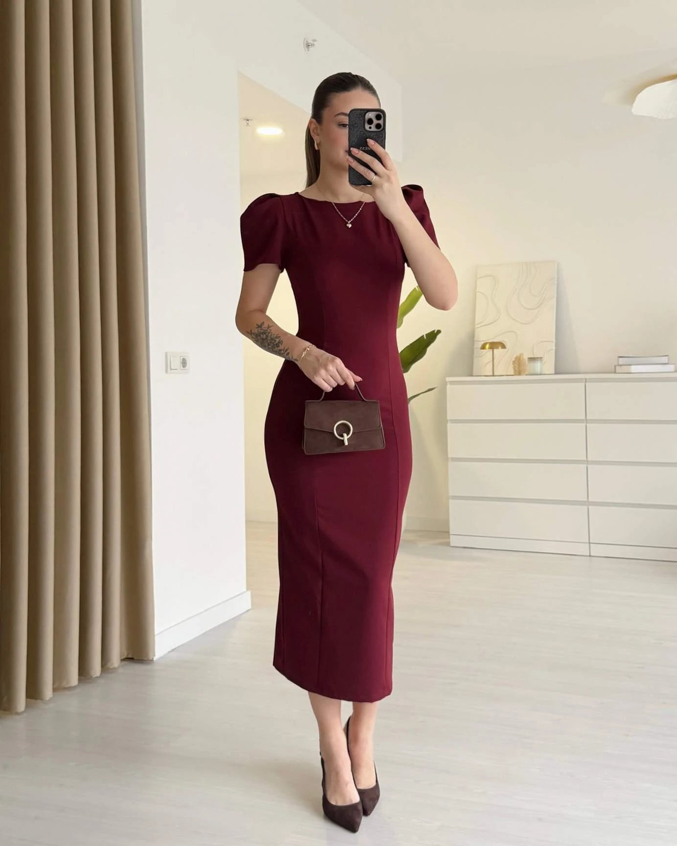 ISABEL - Omuz Detaylı Midi Boy Elbise - Bordo