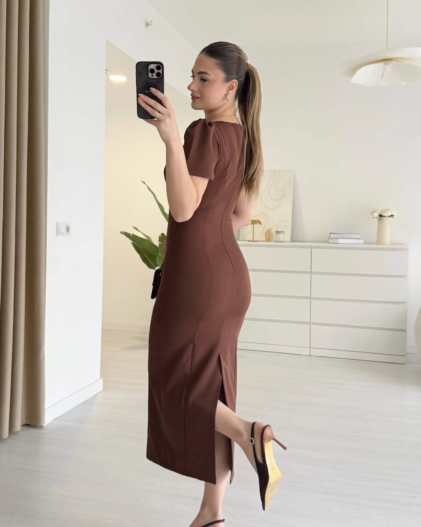 ISABEL - Omuz Detaylı Midi Boy Elbise - Kahve