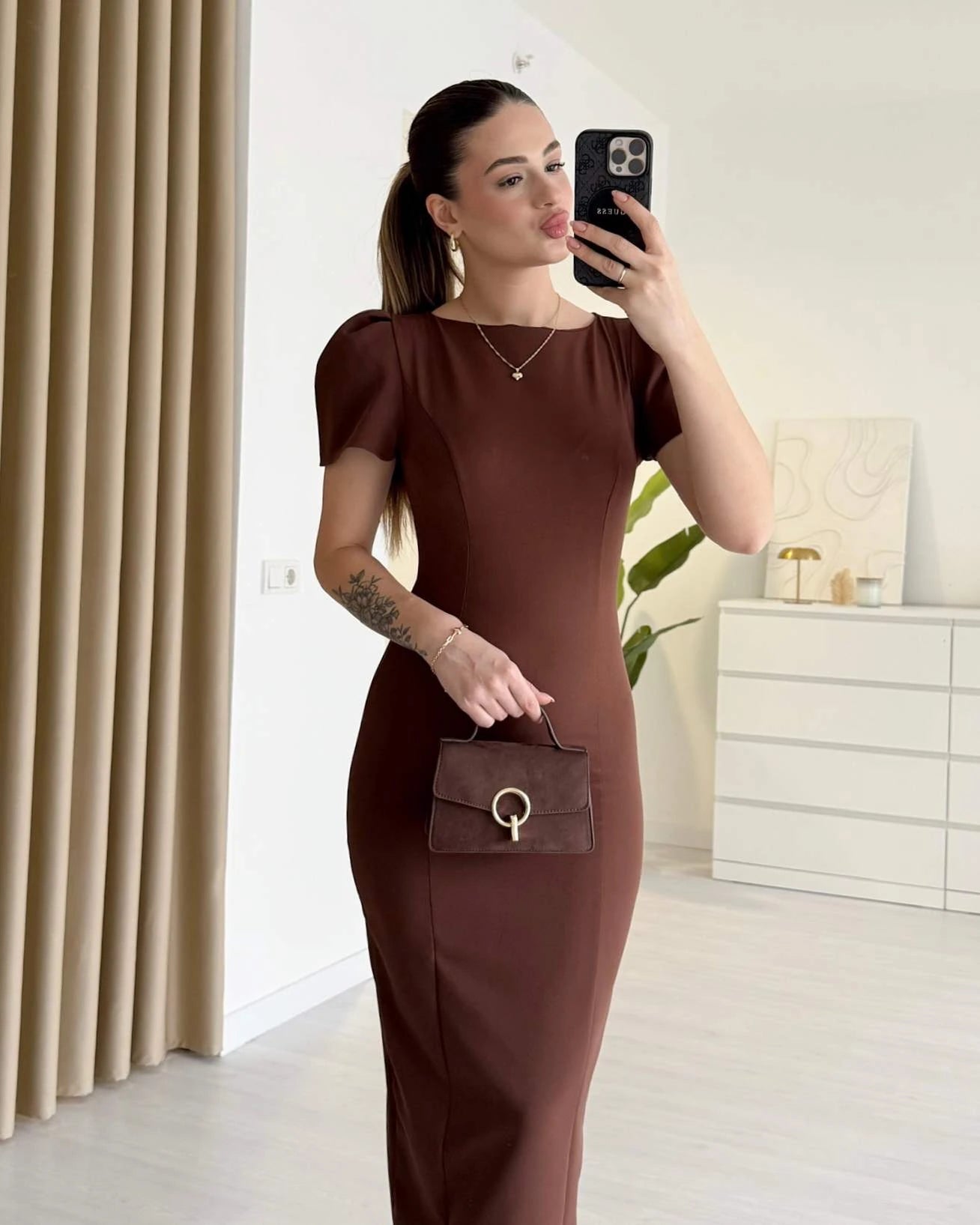 ISABEL - Omuz Detaylı Midi Boy Elbise - Kahve