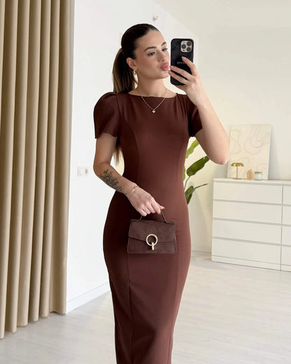 ISABEL - Omuz Detaylı Midi Boy Elbise - Kahve