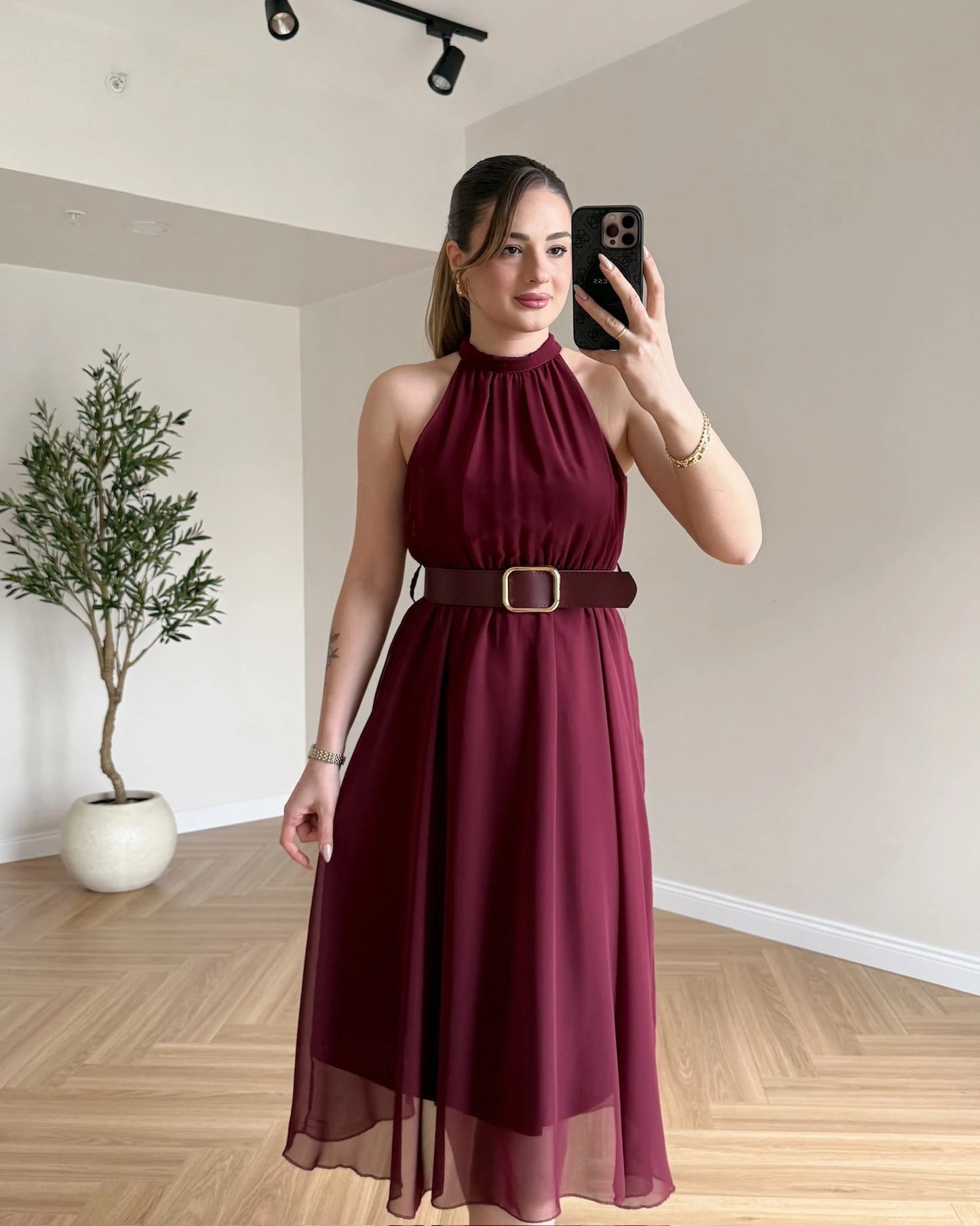 ISABELLE Kemerli Midi Boy Şifon Elbise - Bordo