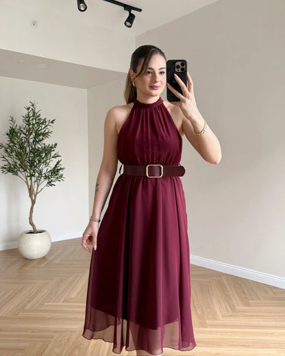 ISABELLE Kemerli Midi Boy Şifon Elbise - Bordo
