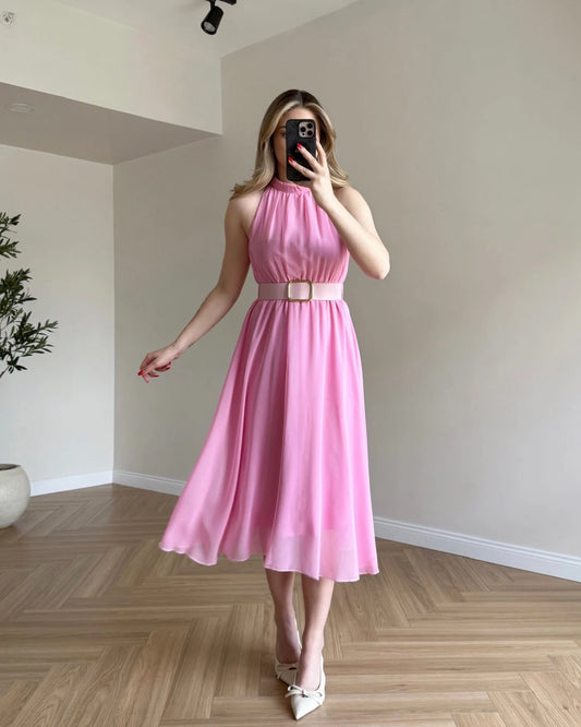 ISABELLE Kemerli Midi Boy Şifon Elbise - Pembe