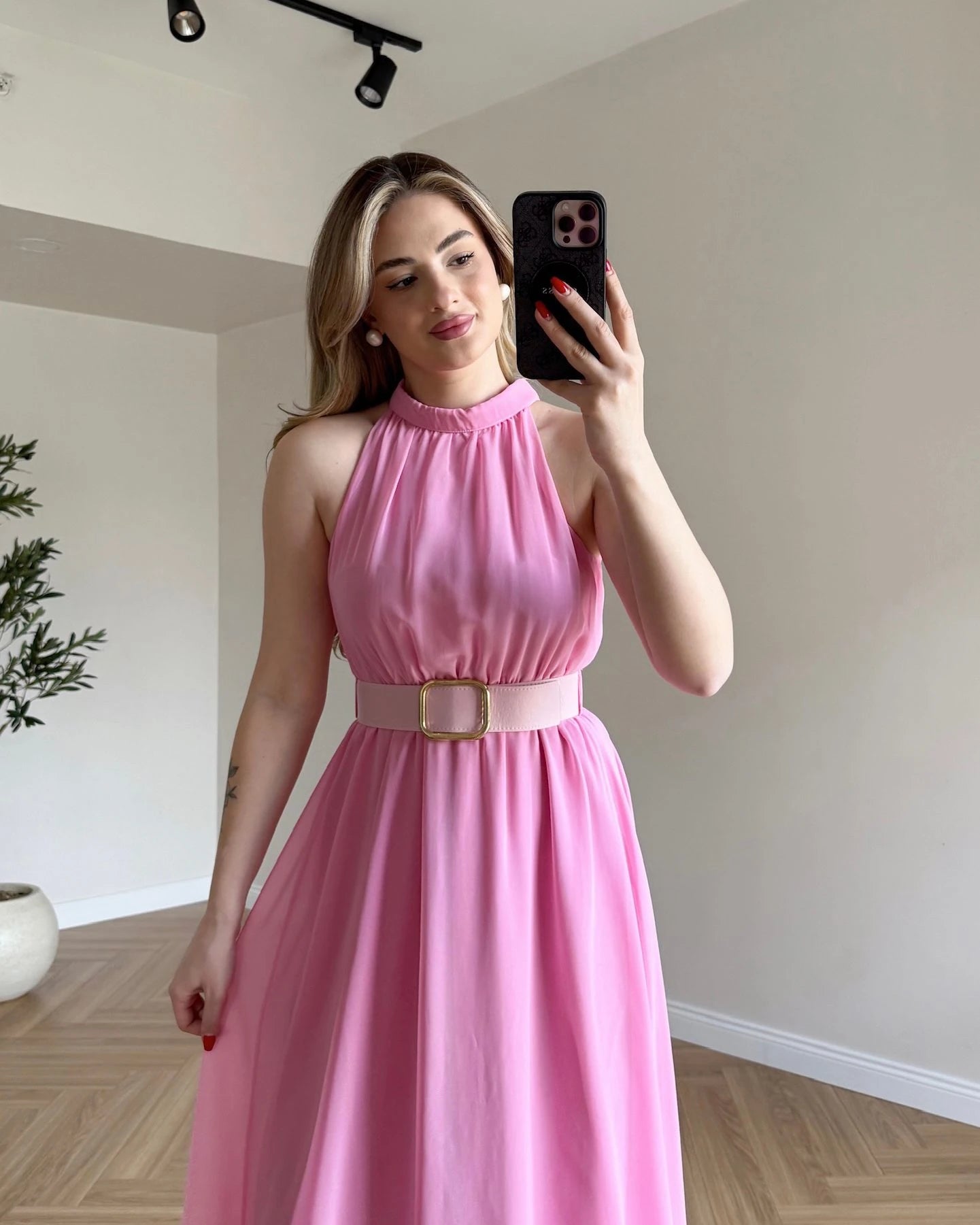 ISABELLE Kemerli Midi Boy Şifon Elbise - Pembe