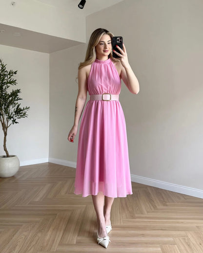 ISABELLE Kemerli Midi Boy Şifon Elbise - Pembe