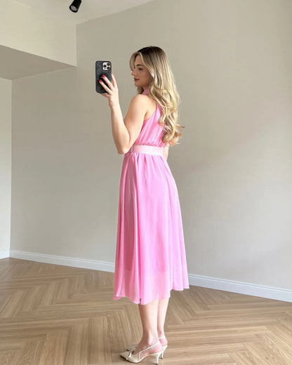 ISABELLE Kemerli Midi Boy Şifon Elbise - Pembe