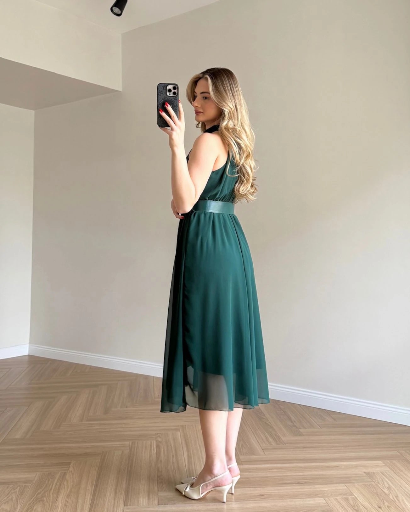 ISABELLE Kemerli Midi Boy Şifon Elbise - Zümrüt