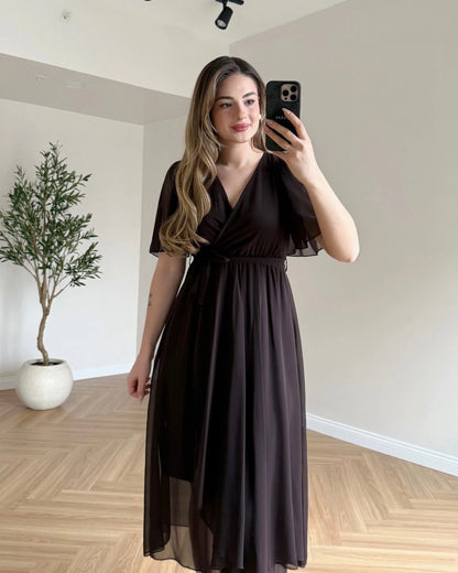 JENNIFER Kruvaze Yaka Şifon Elbise - Kahve