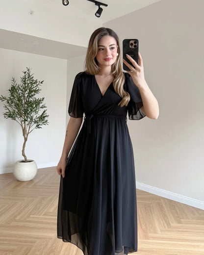 JENNIFER Kruvaze Yaka Şifon Elbise - Siyah