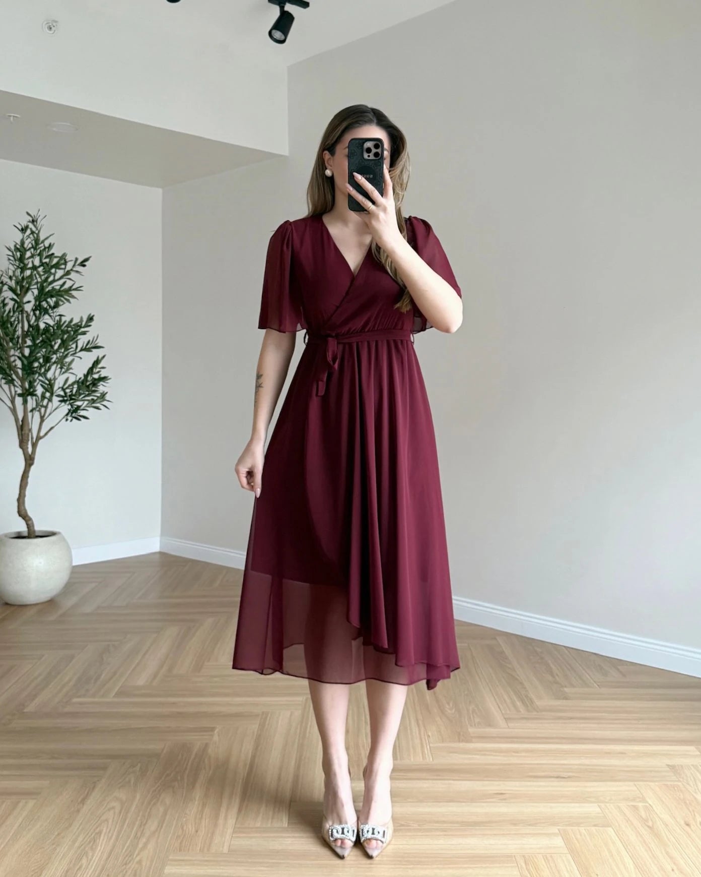 JENNIFER Kruvaze Yaka Şifon Elbise - Bordo