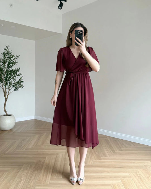 JENNIFER Kruvaze Yaka Şifon Elbise - Bordo