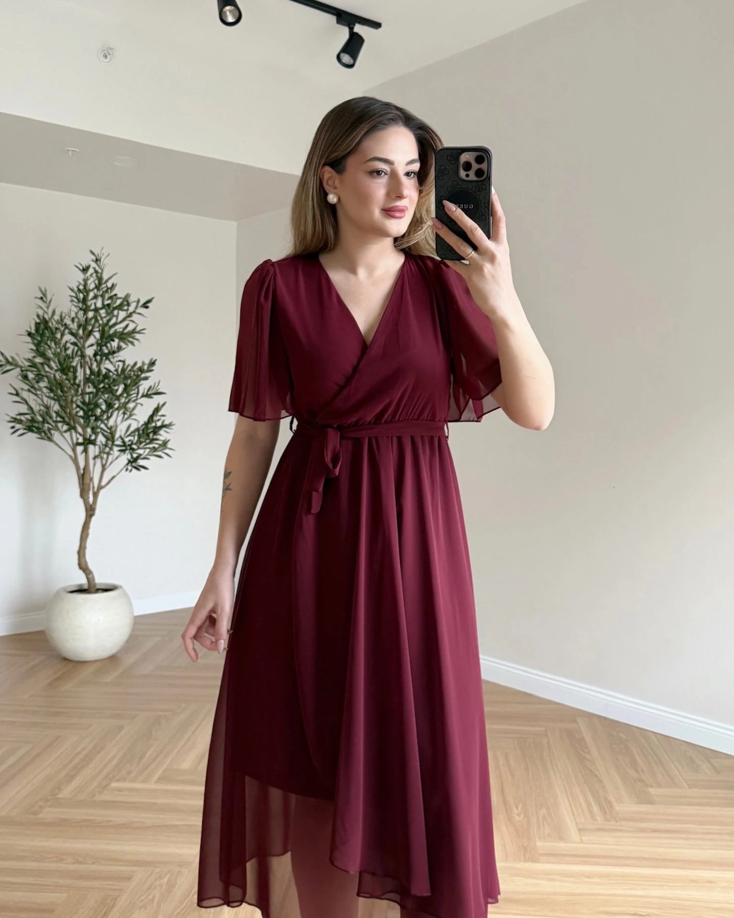 JENNIFER Kruvaze Yaka Şifon Elbise - Bordo