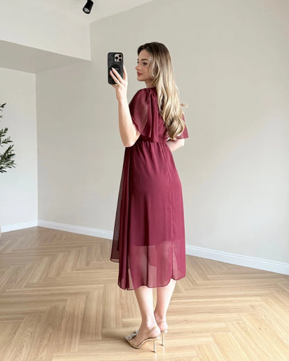 JENNIFER Kruvaze Yaka Şifon Elbise - Bordo