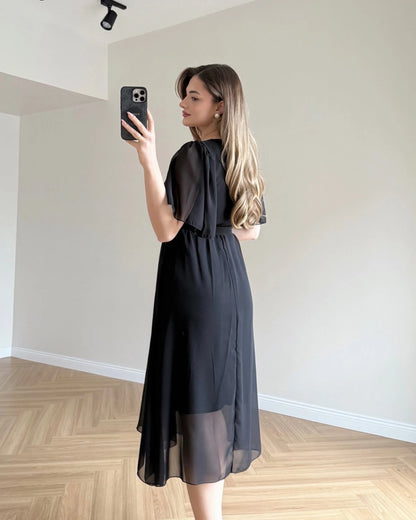 JENNIFER Kruvaze Yaka Şifon Elbise - Siyah