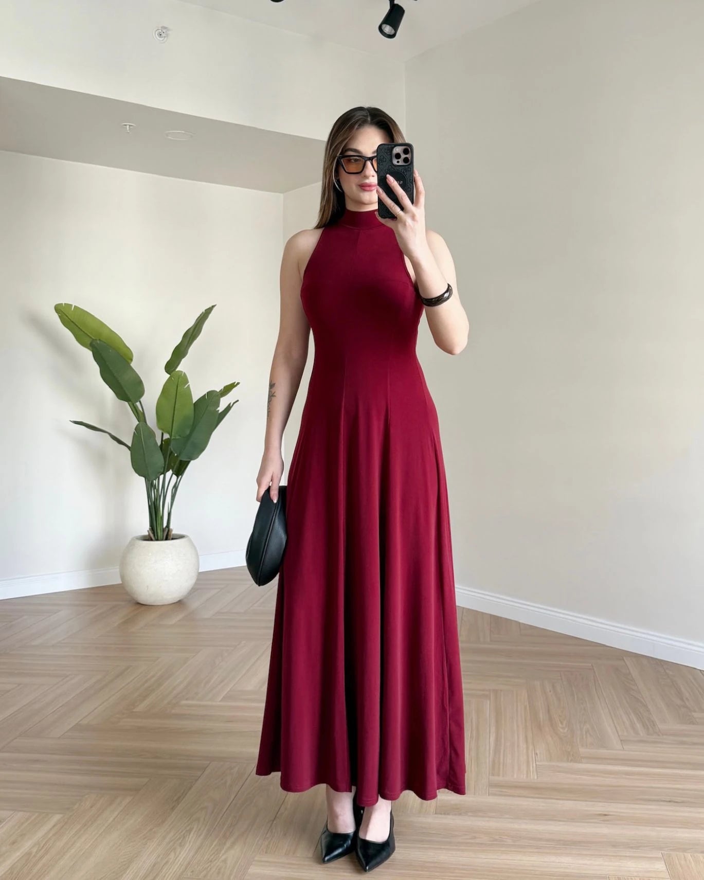 JUVE Halter Yaka Maksi Elbise - Bordo