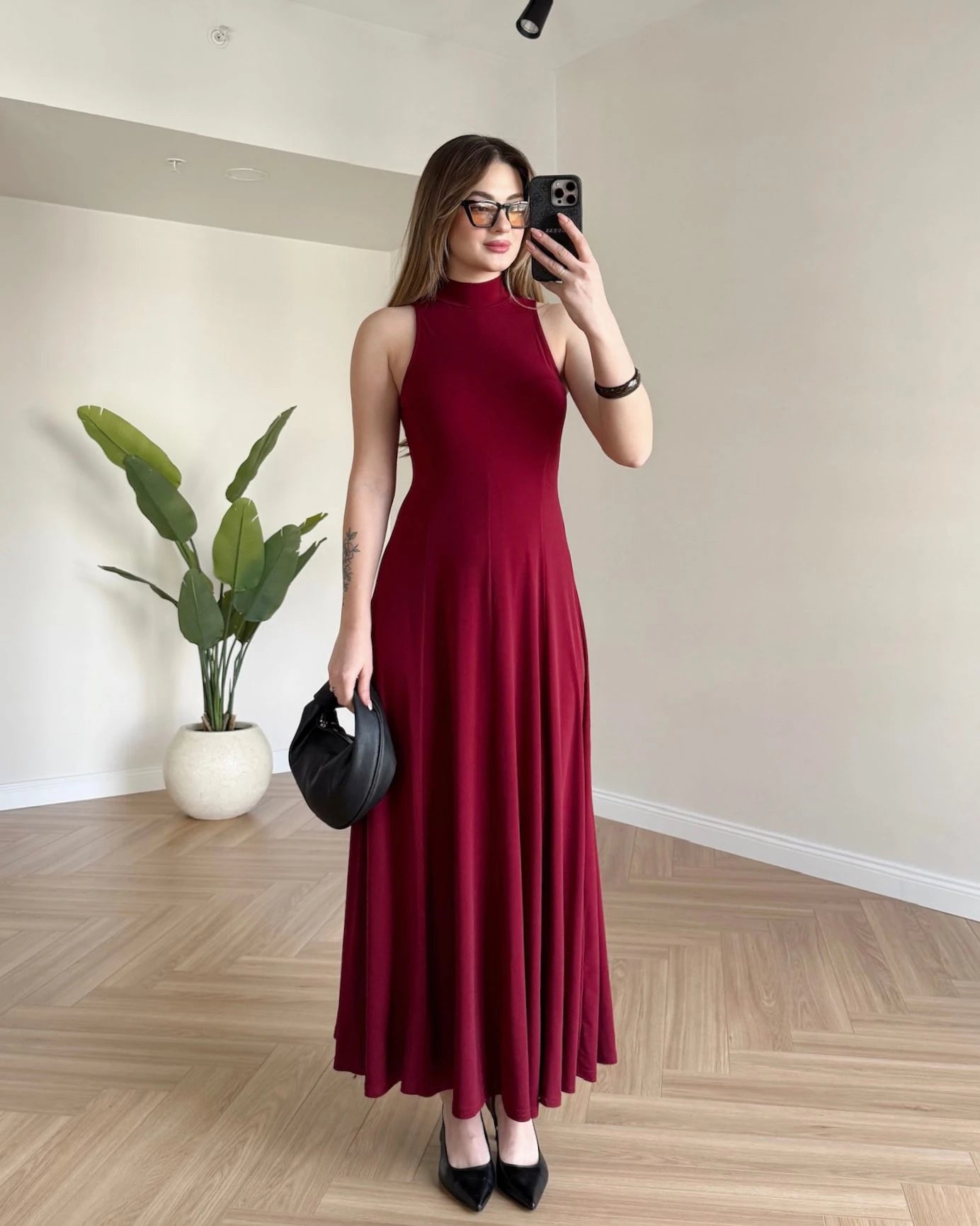 JUVE Halter Yaka Maksi Elbise - Bordo