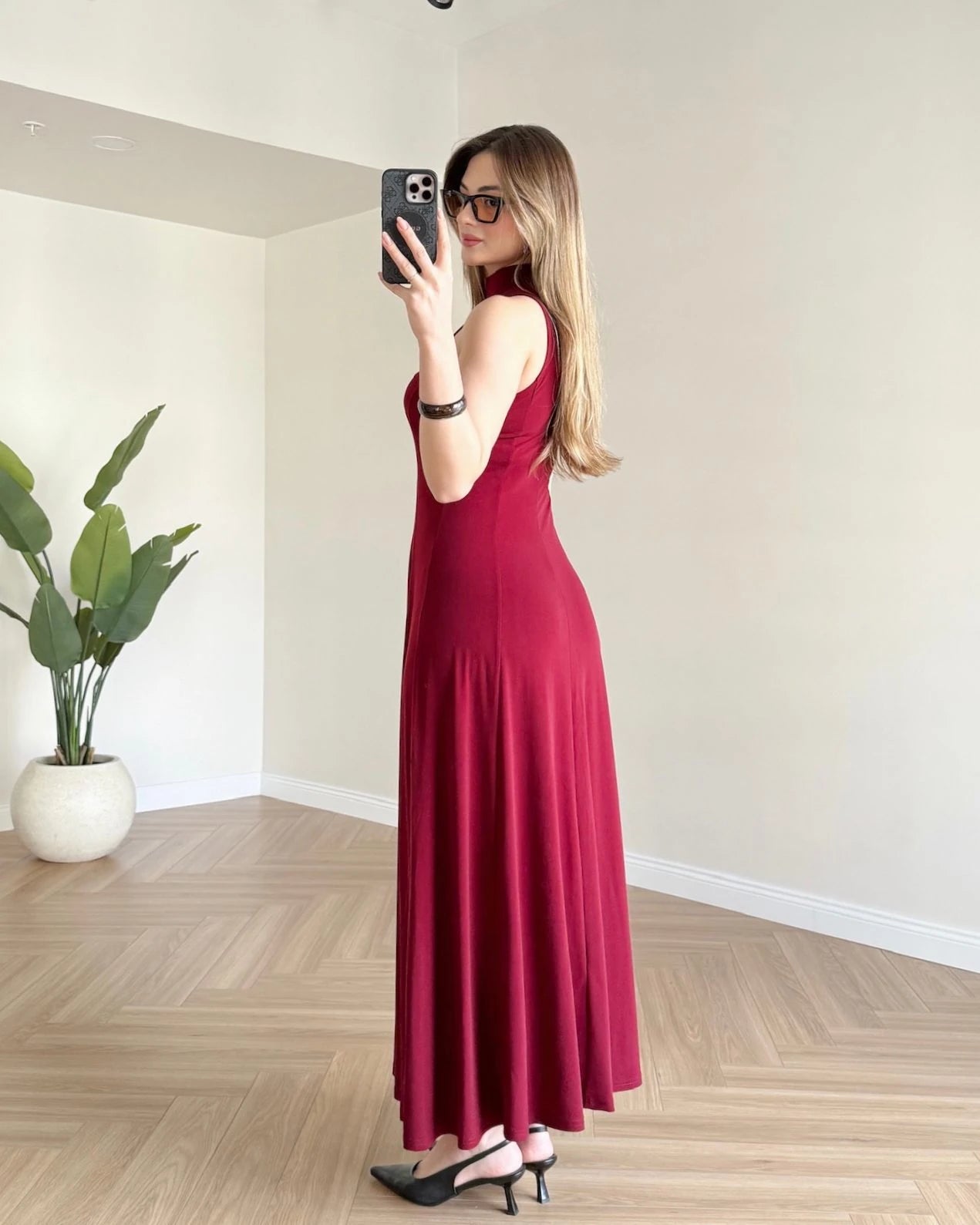 JUVE Halter Yaka Maksi Elbise - Bordo