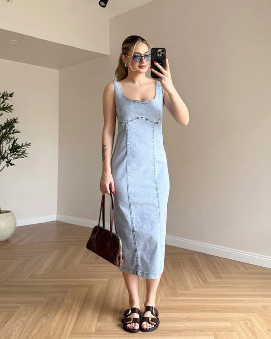 Kar Yıkama Midi Boy Likralı Denim Elbise - Kar Yıkama
