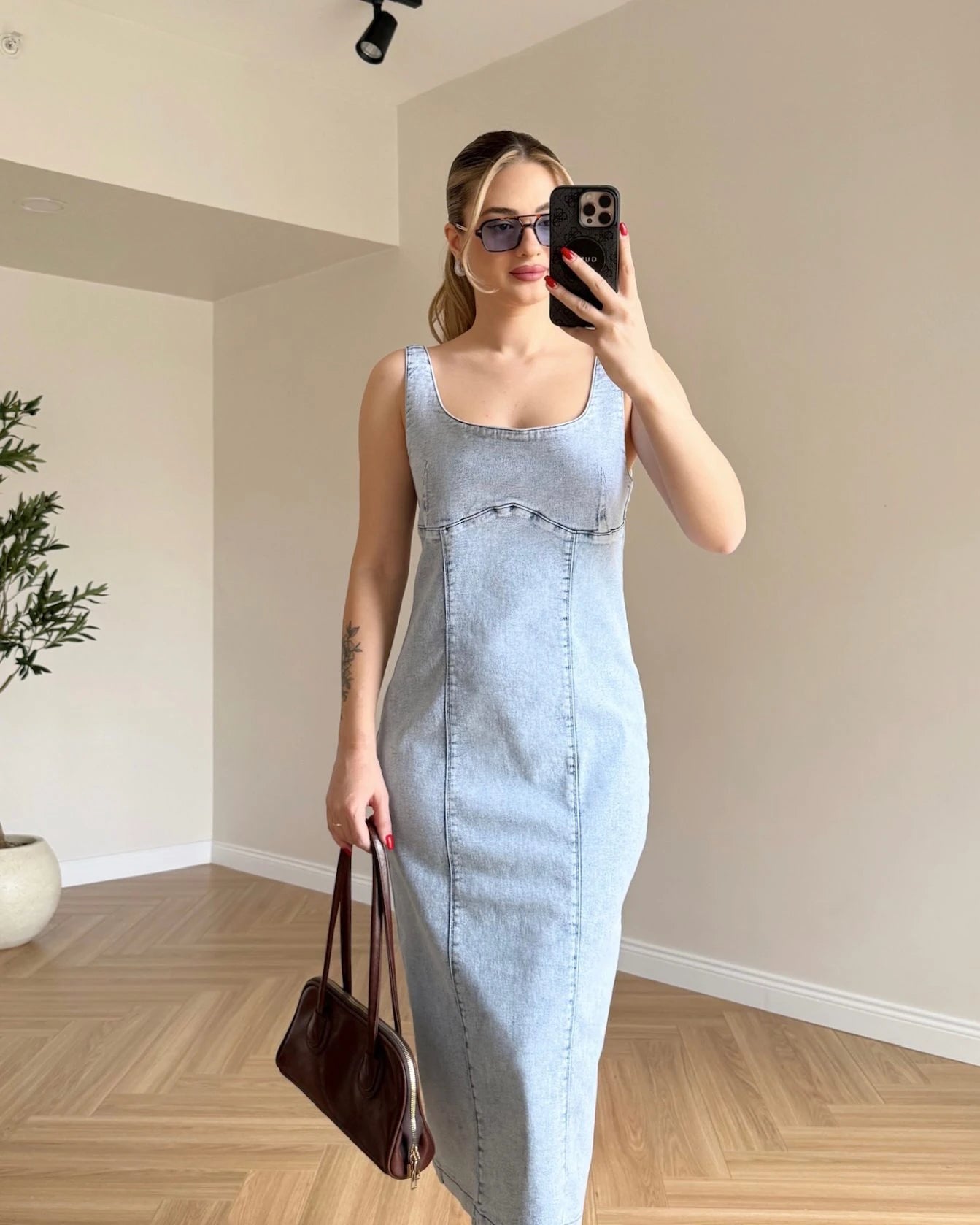 Kar Yıkama Midi Boy Likralı Denim Elbise - Kar Yıkama