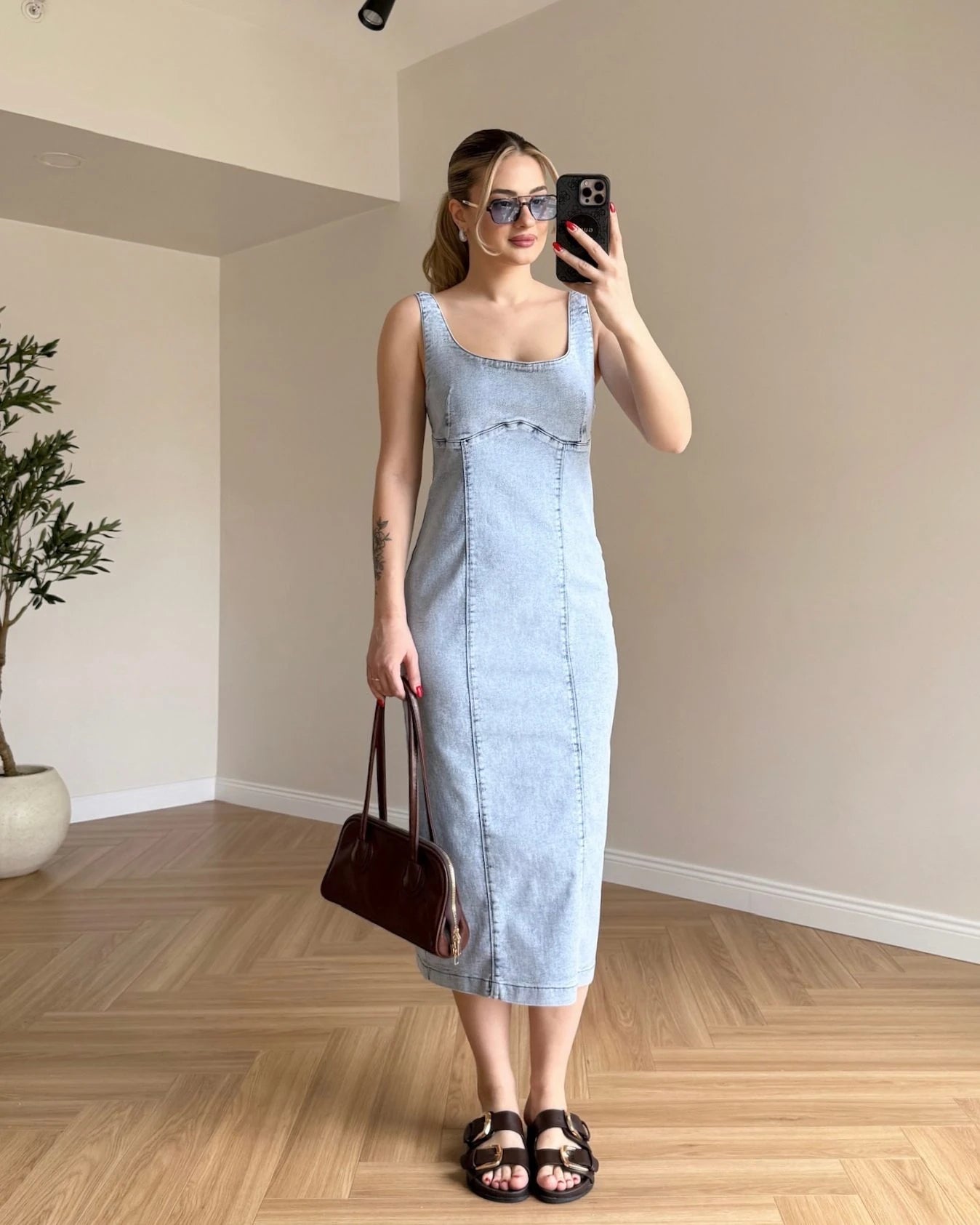 Kar Yıkama Midi Boy Likralı Denim Elbise - Kar Yıkama