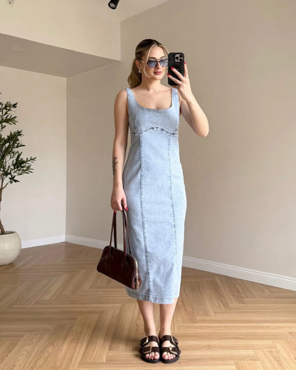 Kar Yıkama Midi Boy Likralı Denim Elbise - Kar Yıkama